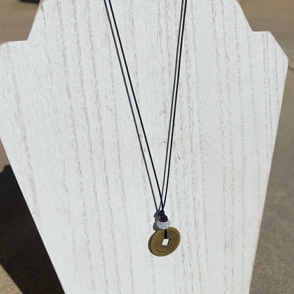HANDMADE CASH COIN AND WHITE BEAD BLACK CORD NECKLACE